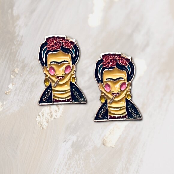 Frida Kahlo Mexican Artist Painted Enamel Earrings NEW - Picture 2 of 2